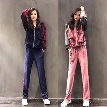 JUST FEEL!NG 벨벳 운동세트 여성 슬림핏 빅사이즈 캐주얼 긴팔 배색 런닝 맨투맨 빅포켓 운동복 츄리닝복 세트