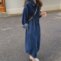 POMTOR 여성 청남방 롱셔츠 루즈핏 데님 셔츠 데일리 캐주얼 간절기 빅사이즈
