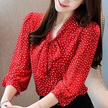 봄 여름 화이트 쉬폰 블라우스 퀄리티 여성 넥타이 리본 셔츠 폴드 기하학 도트 프린트 루즈핏 탑 레드 7부 소매