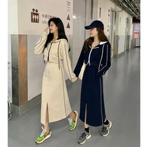 봄 가을 여성 의류 네이비 살구색 세트 쇼트 집업 후드 맨투맨 트임 미디 스커트 세트