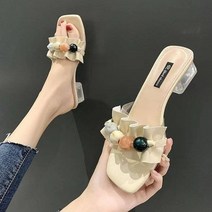 여성 투명 통굽힐 샌들 발편한 패션 미들힐 셔링 스트랩 샌들 여름 여자 구두 오피스룩