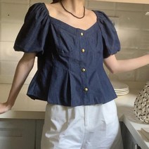 블링앤수 데님 퍼프 반팔 블라우스 LZZ174