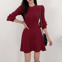 A라인 꽈배기 패턴 골지 라운드넥 니트 원피스 미니 하객 상견례 봄원피스 스퀘어넥 화이트