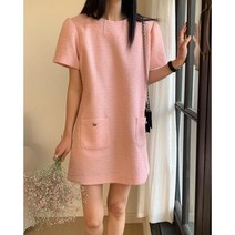 3컬러 바니 트위드 루즈핏 셔링 A라인 투포켓 반팔 미니 원피스