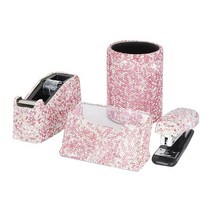 Bling Crystal 럭셔리 핸드메이드 다이아몬드 연필 펜 냄비 홀더 및 스테이플러 카드 데스크탑 테이프 디스펜서 사무실 문구 키트 패션 소녀 여성용 (핑크 라운드), Pink