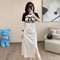 슬림핏 라운드원피스 여름 레이온 스판 롱원피스 S~XL 컬러 블로킹 디자인
