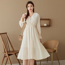 헤링본 여성 봄 가을 롱원피스 화이트 자수 카라 프릴 허리밴딩 플레어 A라인 HE042