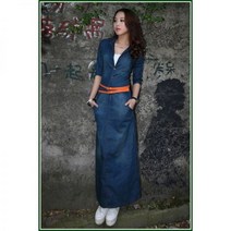 미디엄 소매 미디 슬림핏 빅사이즈 데님 청 롱원피스
