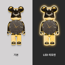 베어브릭 벽시계 무소음 LED 벽등 시계 거실 사무실 인테리어 소품 무드등, J 골드베어, 40x80, LED 리모컨
