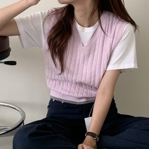 4color 라쿤 배색 여성 브이넥 케이블 꽈배기 핑크 골프 크롭 니트 조끼 코디