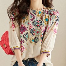 에스닉 프린팅패턴 7부소매 블라우스0717DE