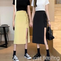 just feel!ng 여성용 봄가을 트임 레이스업 스커트 여름 하이웨이스트 언밸런스 미디 A라인 랩스커트 여성원피스 스커트치마