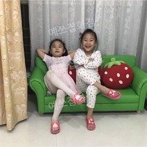 키즈 소파 딸기 소녀 작은 의자 유아소파 유치원 독서, 3인용 그린+딸기쿠션3