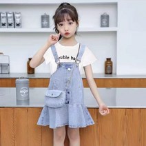 여아 여름 원피스에 데님 멜빵 스커트 패션 아동 주니어 여름 옷. 유행이다 F32731