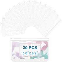 QiXin 60피스 A6 바인더 포켓 6홀 지퍼 폴더 투명 PVC 카드 루즈 리프 백 현금 봉투 예산 바인더용 방수 문서 파일 6링 노트북 플래너 인서트용, A5 30PCS