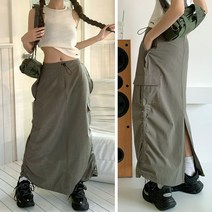 카고 스트링 롱 스커트/카키 사이드 셔링 건빵 포켓