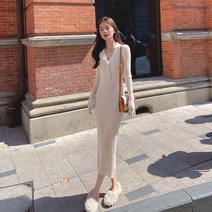 단추 슬림 니트 롱 원피스 캐주얼룩 세미룩