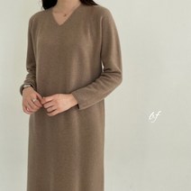 ru 브이넥 메리노울 100 홀가먼트 니트 롱 원피스 브라운 카멜