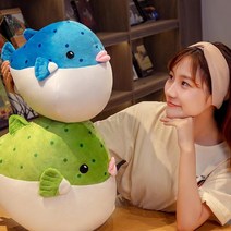 컬러 복어 물고기 귀여운 통통 봉제 인형 쿠션 부드러운, 35cm, 그린