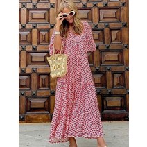 30대 40대 60대 가을 휴가지 롱 원피스 50대미시옷 직장인룩 여름 퍼프 소매 긴 드레스 꽃