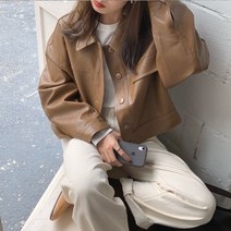 봄 간절기 레더 박시 오버핏 크롭 버건레더 카라 숏 자켓 블랙 브라운 2color