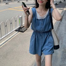 여성 면롱 흰색 원피스 민소매 나시 허리밴딩 데님컬러 점프수트 여름 코디