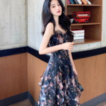 안나리야 꽃무늬 레이스 프릴 끈나시 쉬폰 롱원피스 SH