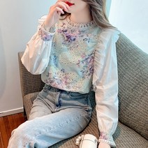 봄 자수 심플 프릴넥 매치 러블리 풀오버 숙녀 봄가을 쉬폰 긴팔