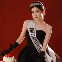 벌스데이 퀸 생일축하 어깨띠+티아라 왕관 메탈릭 생일머리띠 어깨끈 주인공 HBD 기념일 소녀 감성 파티용품, 실버