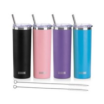 koodee 빨대 달린 591 5ml(20온스) 스키니 텀블러 스테인리스 스틸 이중벽 단열 슬림 여성 남성용 DIY 생일 선물 (퍼플) 미국직송, 4 Count (Pack of 1), 스카이 블루-핑크-퍼플-블랙