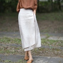 JUST FEEL!NG 언밸런스 리넨 스커트 여성 봄여름 A라인 롱치마 옆트임 면마 빅사이즈