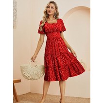 여성 여름 러브 패턴 도트 프린트 sundress 캐주얼 반팔 스퀘어 롱 원피스 34