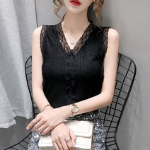 여성 브이넥 레이스 프릴 민소매 나시티 MMA