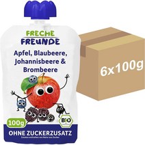 독일 FRECHE FREUNDE 6개월 사과 블루베리 커런트 블랙베리 아기 과일 퓨레 스퀴즈 파우치 6X100g, 6팩, 100g