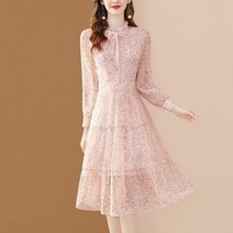 플라워 쉬폰 원피스 프렌치 여성 2023 봄 여름 슬림 주름 레이스 스트랩 긴 소매 미디롱 4998625166