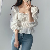 라벨라즈 / 화이트당일발송 스퀘어넥 스모크 퍼프 셔링 블라우스