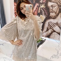 한스마켓 벌룬소매 스팽글쉬폰 레이어드 미니원피스 클럽무대룩