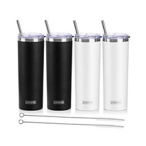 koodee 빨대 달린 591 5ml(20온스) 스키니 텀블러 스테인리스 스틸 이중벽 단열 슬림 여성 남성용 DIY 생일 선물 (퍼플) 미국직송, 4 Count (Pack of 1), 블랙 2팩-화이트 2팩