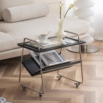 베드 침대 사이드 간이 테이블 쇼파 보조 중세 노르딕 스타일 투명 커피 스테인레스 스틸 스토리지 랙 현대 조명 럭셔리 거실 다기능 이동식 트롤리, [02] 검정색, 55*38*55 스테인리스 스틸 브래