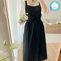 픽온해 빅사이즈 프로방스 마농 프릴 원피스 포켓 린넨 코튼 방수 앞치마, 소프트블랙, (BIG)빅사이즈, 1개