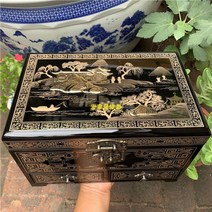 자개장 보석 보관 상자 나비장 엔틱 인테리어 소품, 황금 목련 28x18x18cm 블랙 세트