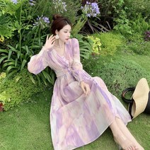 다낭원피스 발리 원피스 하와이 동남아 동남아여름옷 휴양지룩 해외여행여름옷 휴양지커플룩 시폰 비치 홀리데이 드레스 여성용 v넥 타이다이 프린트 롱 소매 슬림 봄 가을 신상품