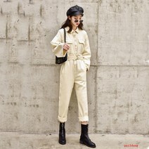 puildaug 데님 점프 수트 여성 점프 수트 긴 소매 허리 라이트 블루 느슨한 툴링 점프 수트 청바지