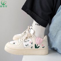 셀럽당 여성용 꽃 스니커즈 주니어 학생 화이트 운동화 A02403