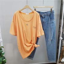 상상그이상 여성용 심플 유넥 레터링 루즈핏 트임 반팔 티셔츠