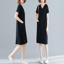여자 깔끔한 무지 브이넥 원피스 미디 포켓 데일리룩