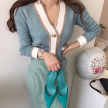 배색 금장 브이넥 니트 가디건