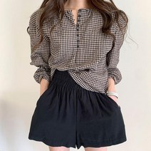 벌룬 소매 라운드넥 단추 체크 블라우스 캐주얼룩 나들이룩 봄가을셔츠 고방체크 러블리 큐티