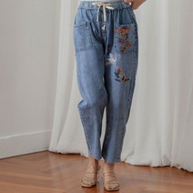 엄마옷 여름 자수 패치 끈 조절 미시 데일리 예쁜 포인트 아줌마 여름 청바지