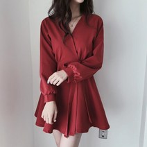 블링앤수 여성 브이넥 리본 플레어 미니 원피스 KZZ823